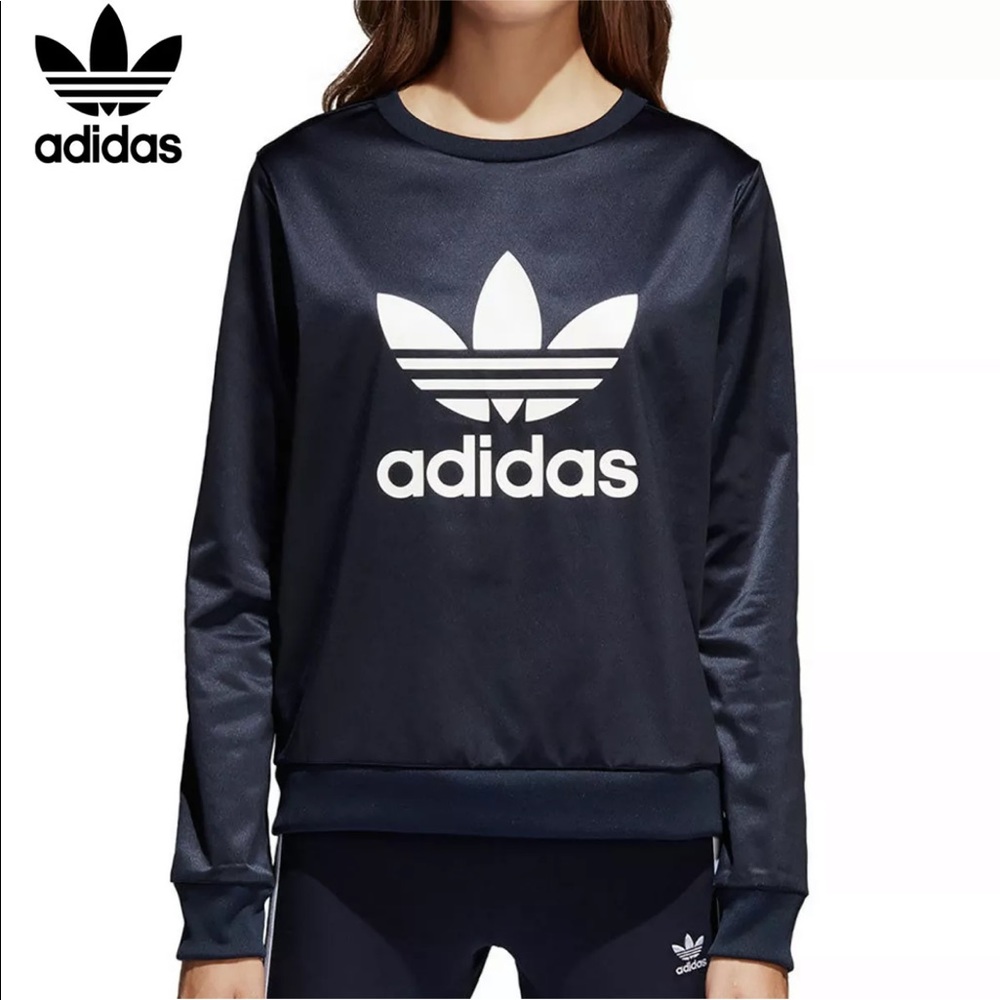 Women Adidas trefoil satin sweatshirt navy blue